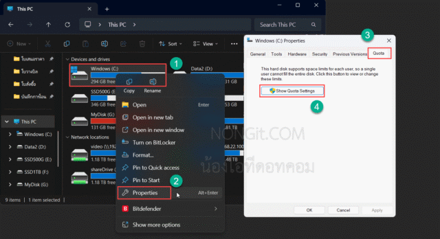 หน้าจอเลือก Properties แล้วเปิด Quota และคลิกที่ปุ่ม Show Quota Settings…