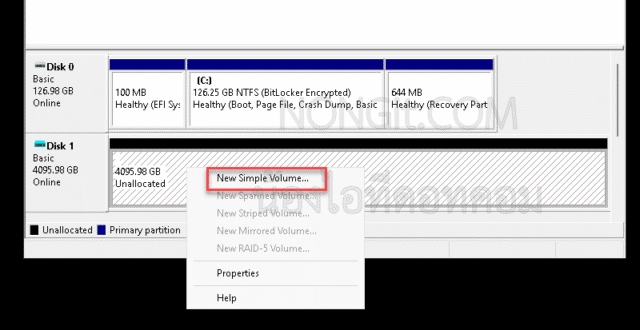 สร้าง Partition ใหม่ โดยคลิกขวาเลือก New Simple Volume... หลังจากแปลงเป็น GPT เรียบร้อยแล้ว