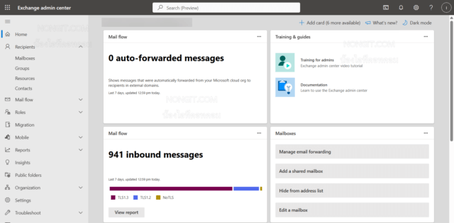 หน้าหลักของ Microsoft Exchange admin center สำหรับ IT Admin