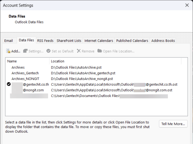 วิธีตรวจสอบชนิดไฟล์ข้อมูล PST และ OST ใน Outlook Account Settings