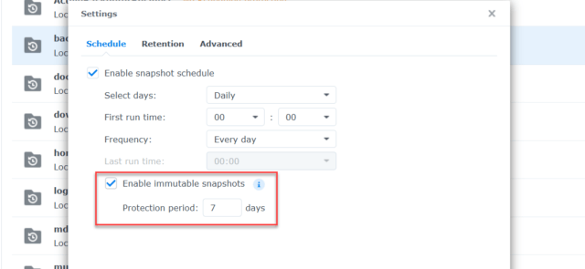 เปิดใช้งาน Immutable Snapshots และกำหนดระยะเวลาป้องกัน 14 วันบน Synology NAS