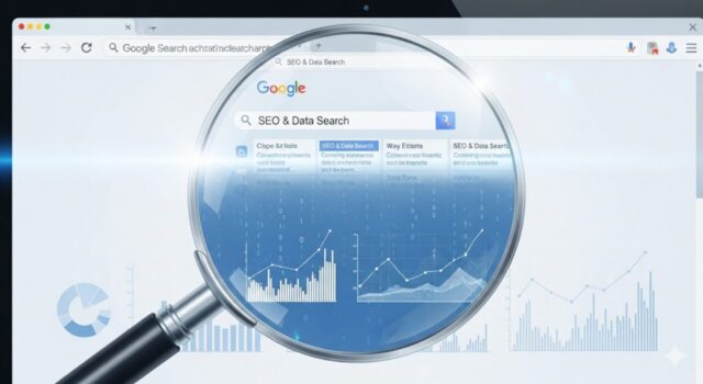 แว่นขยายส่องผลการค้นหาบนหน้าจอคอมพิวเตอร์ สะท้อนบริการรับทำ SEO ที่ช่วยให้เว็บติดอันดับ
