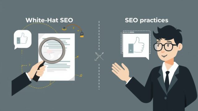 แว่นขยายกำลังตรวจสอบคุณภาพเว็บไซต์ ซึ่งเป็นหัวใจสำคัญของการทำ SEO สายขาว