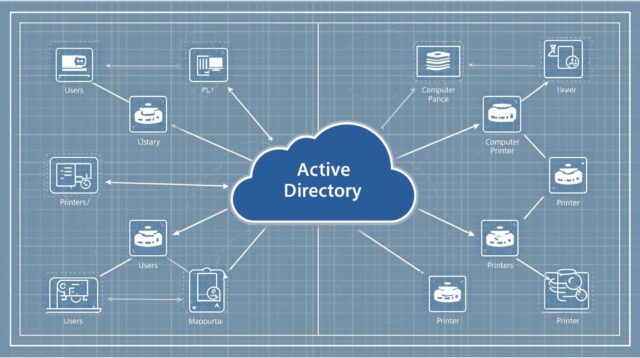 แผนภาพแสดงโครงสร้างของ Active Directory ที่เป็นศูนย์กลางเชื่อมต่อระหว่างผู้ใช้งาน คอมพิวเตอร์ และทรัพยากรในองค์กร