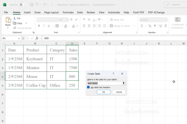 หน้าต่าง Create Table แสดงขั้นตอนวิธีสร้าง Table ใน Excel
