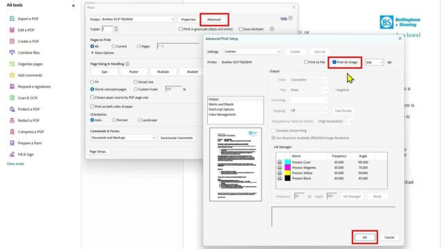 ขั้นตอนการตั้งค่า Print as Image ในหน้าต่าง Advanced เพื่อแก้ปัญหา PDF พิมพ์ไม่ออก