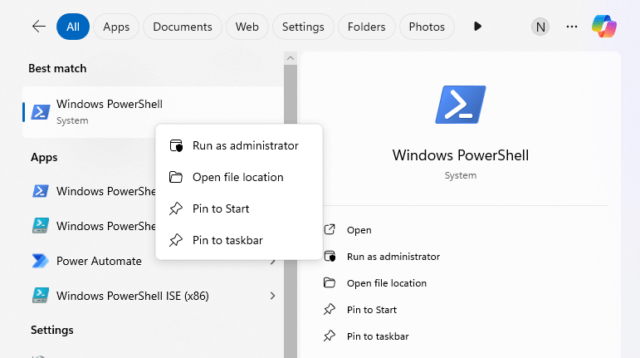การเปิด PowerShell ด้วยสิทธิ์ Admin เพื่อเตรียม อัพเกรด Windows