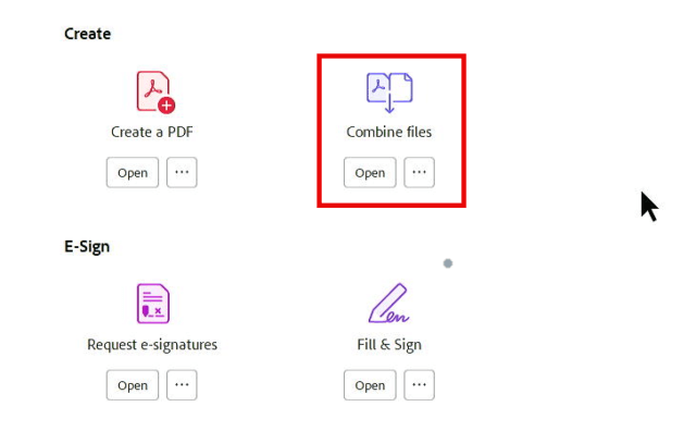 ขั้นตอนการเปิดเครื่องมือ Combine Files เพื่อเริ่มการรวมไฟล์ PDF ในโปรแกรม Adobe Acrobat