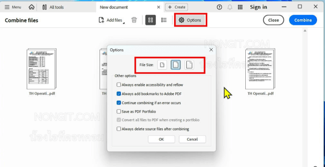 การตั้งค่า Options เพื่อกำหนดขนาดของไฟล์ PDF ที่จะทำการรวม