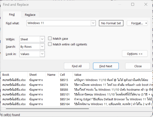 ภาพสาธิตการใช้ฟีเจอร์ Find All เพื่อ ค้นหาข้อมูล Excel ทั้งหมดในครั้งเดียว