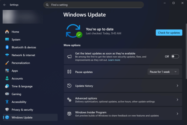 ปุ่ม Check for updates ในหน้า Windows Update