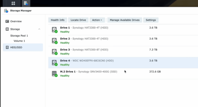 หน้าจอ Synology DSM 7.3 แสดงสถานะ HDD ยี่ห้ออื่นใช้งานได้ปกติ