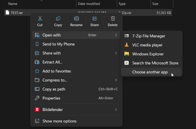 เมนูคลิกขวา Open with เลือก Choose another app ใน Windows 11 เพื่อตั้งค่าเปิดไฟล์ .rar ด้วย 7-Zip