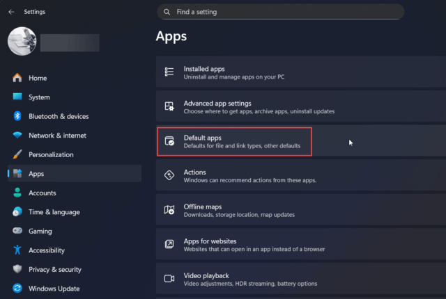 เมนู Default apps ใน Settings ของ Windows 11 สำหรับเปลี่ยนโปรแกรมเปิดไฟล์ .rar