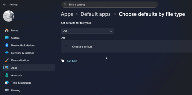 ค้นหานามสกุลไฟล์ .rar ใน Default apps settings เพื่อเปลี่ยนไปใช้ 7-Zip