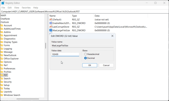 วิธีตั้งค่า MaxLargeFileSize ใน Registry Editor แก้ปัญหา Outlook PST เต็ม 50GB